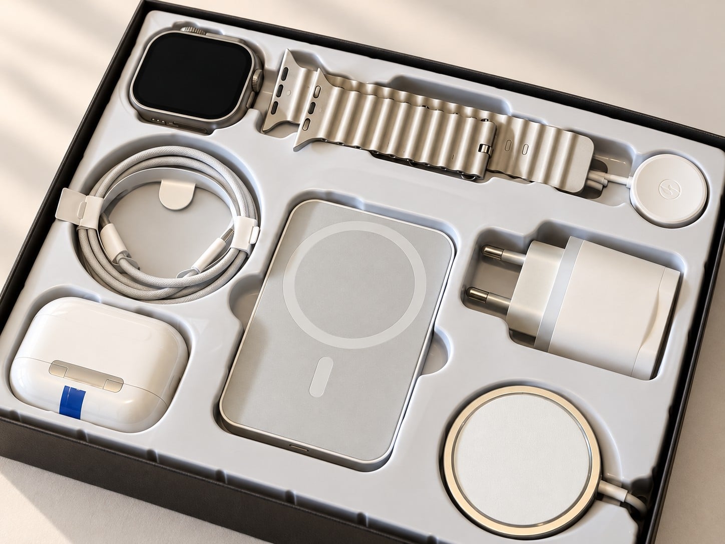 Vue de dessus des huit pièces du Coffret Tech, chacune dans son emplacement