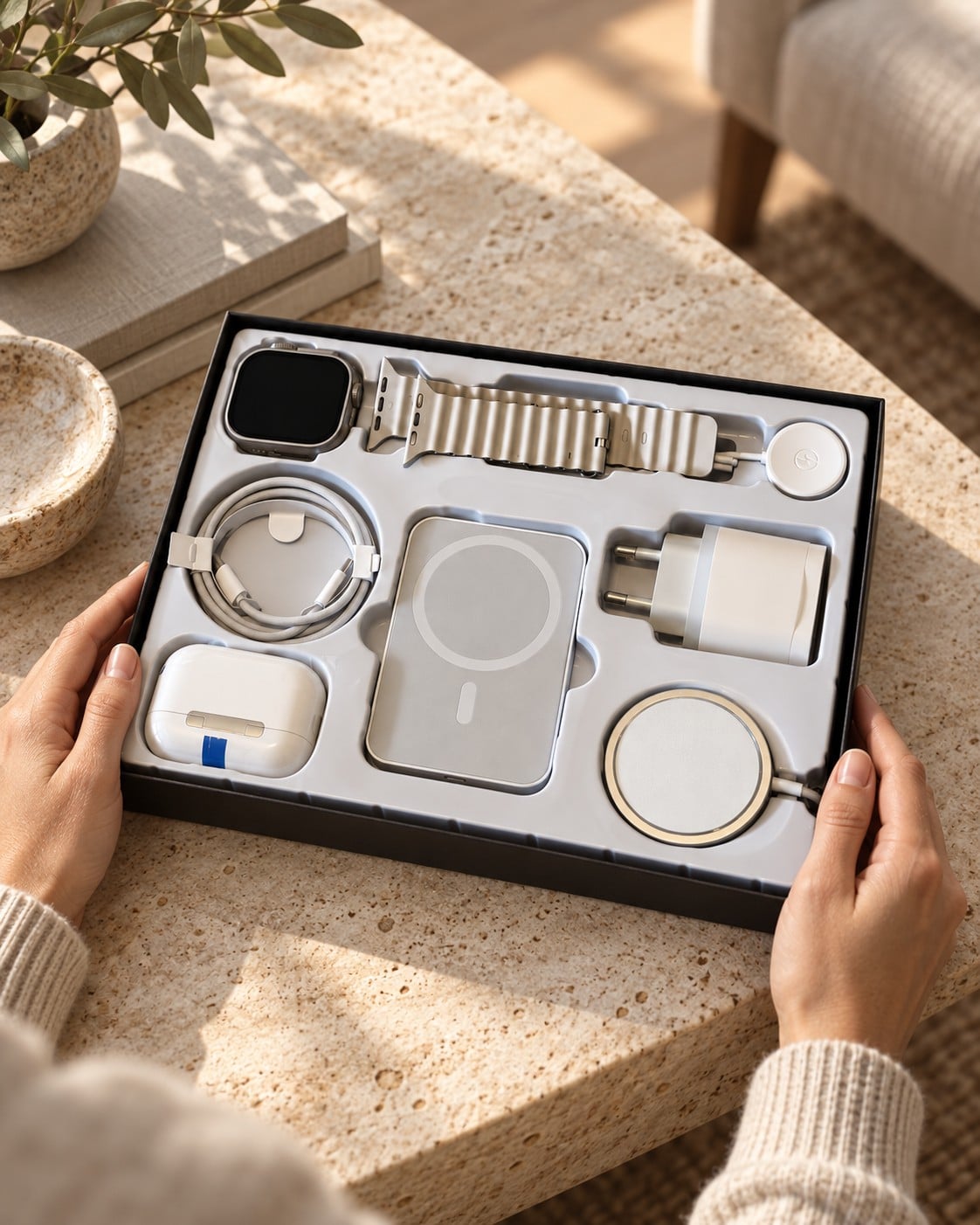 Deux mains tiennent le Coffret Tech ouvert au-dessus d’une table basse